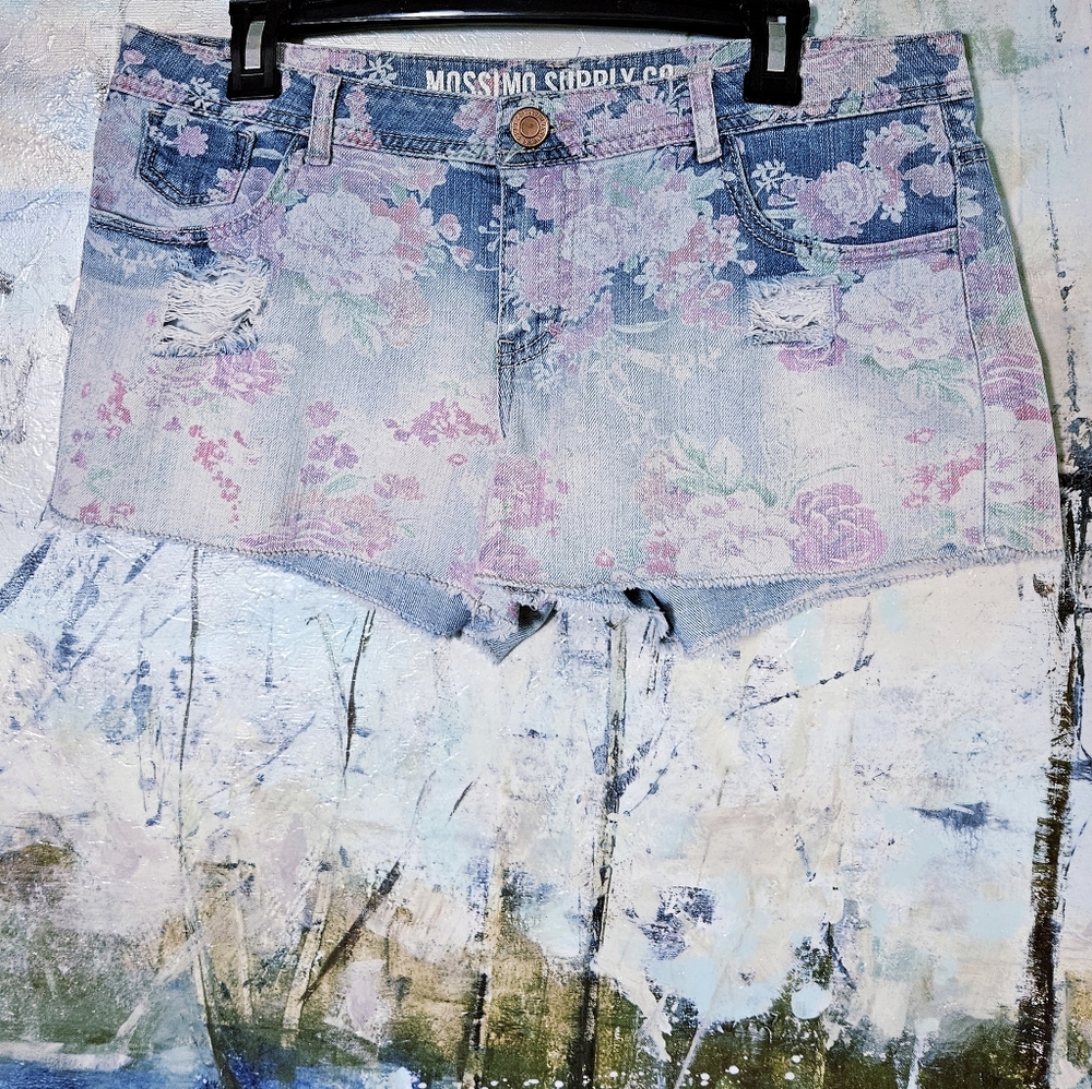 Massimo Supply Co Denim Distressed Floral Shorts Stretch Fit Sz 13/Junior